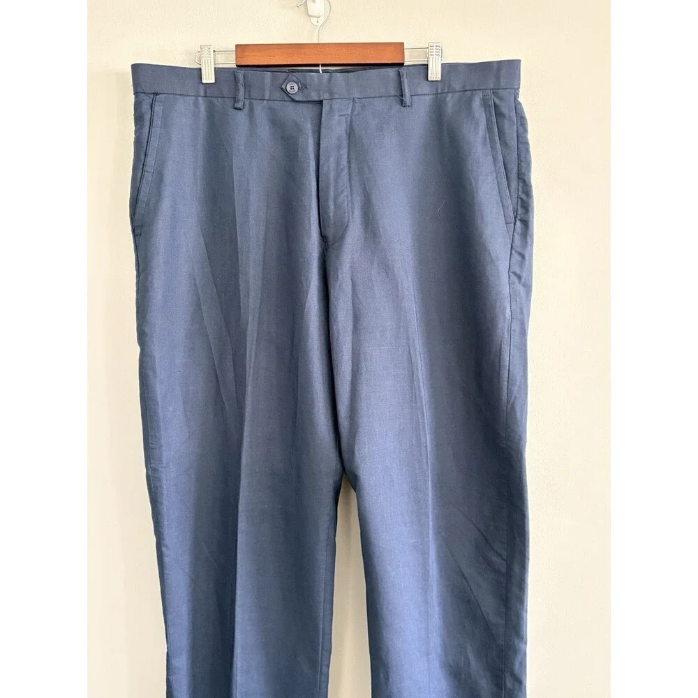 Stacy Adams Dress Pants Mens 40x32 Blue Linen Blend Flat Front